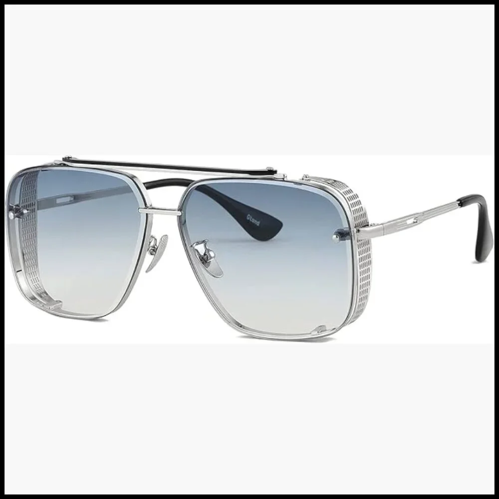 Oversized Square Aviator Sunglasses Metal Side Shield Steampunk
